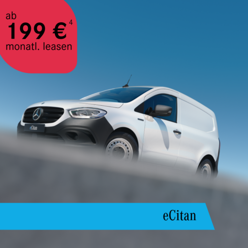 Mercedes-Benz eCitan ab 199€ monatlich leasen – dynamische Seitenansicht vor blauem Himmel