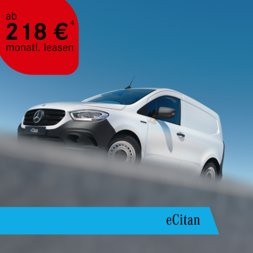 Mercedes-Benz eCitan ab 218 € monatlich leasen – dynamische Seitenansicht vor blauem Himmel