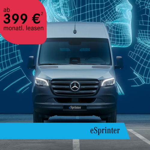 Mercedes-Benz eSprinter ab 399€ monatlich leasen – Frontalansicht vor digitalem Hintergrund