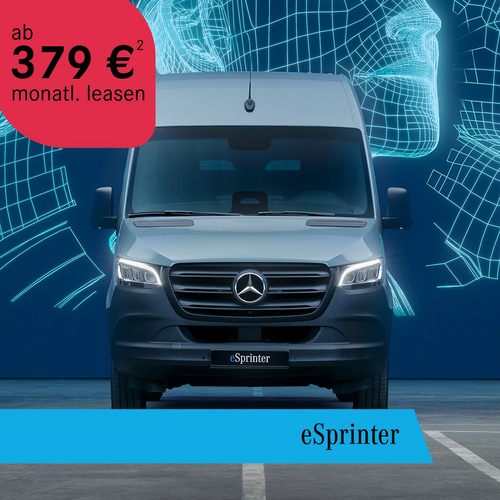 Mercedes-Benz eSprinter ab 379 € monatlich leasen – Frontalansicht vor digitalem Hintergrund