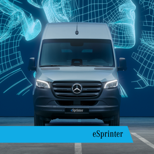 Mercedes-Benz eSprinter mit Frontalansicht vor digitalem Hintergrund