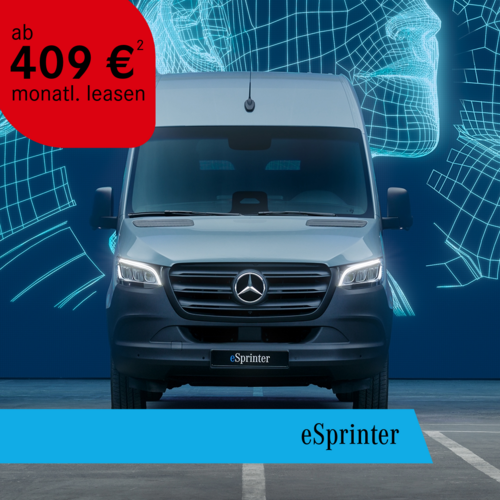 Mercedes-Benz eSprinter ab 409 € monatlich leasen – Frontalansicht vor digitalem Hintergrund