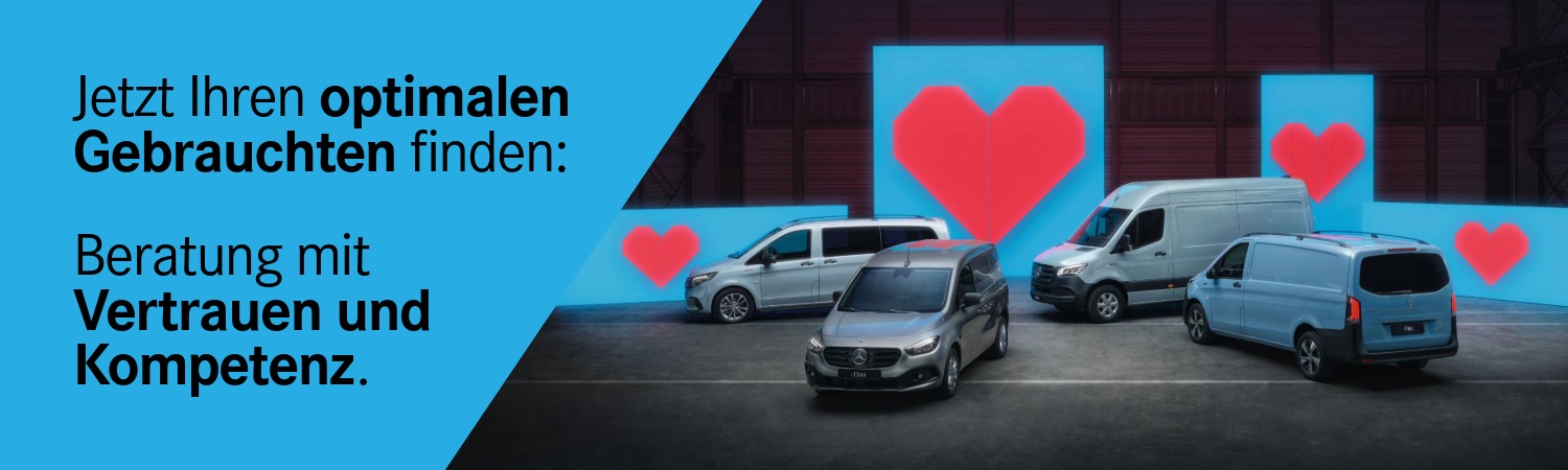 Vier Mercedes-Benz Transporter vor digitalen Herz-Symbolen – mit dem Slogan: "Jetzt Ihren optimalen Gebrauchten finden: Beratung mit Vertrauen und Kompetenz."