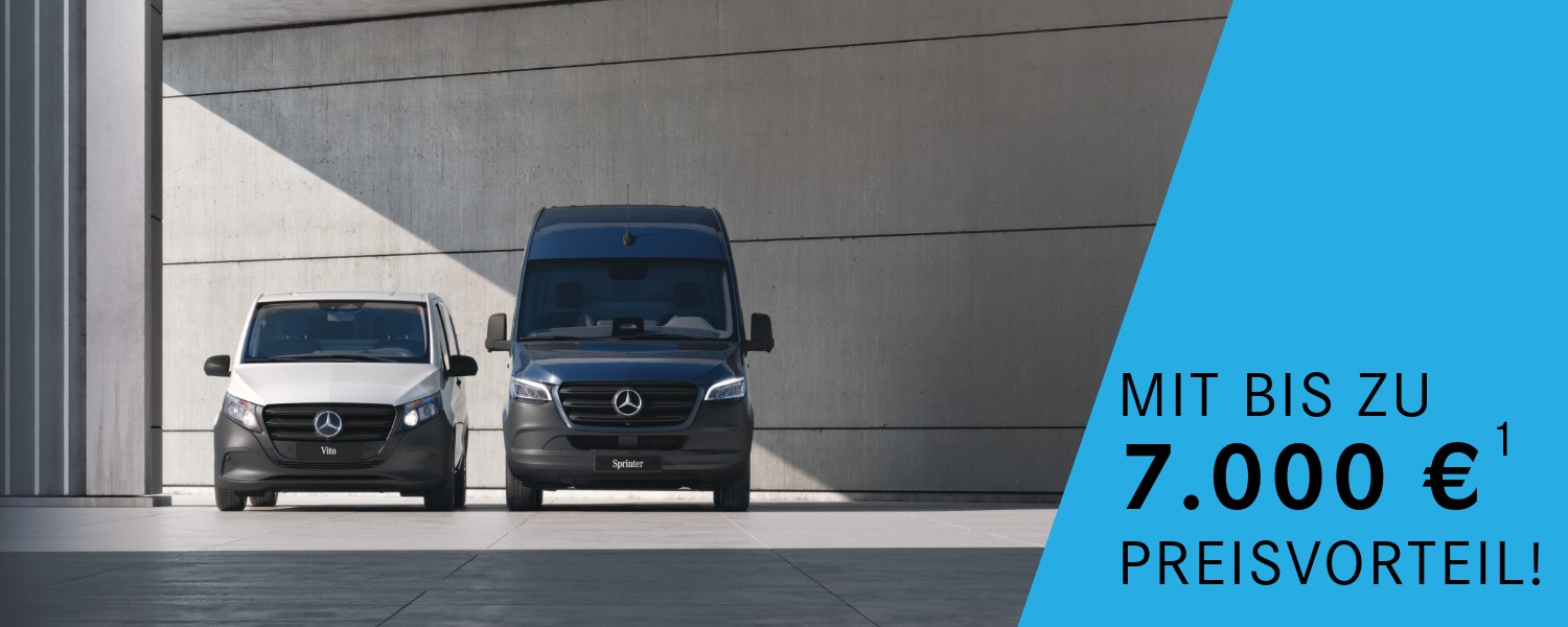 Mercedes-Benz Vito und Sprinter nebeneinander vor Betonwand, daneben blauer Bereich mit Text „Vito und Sprinter“ und Preisvorteil von 7.000 €.