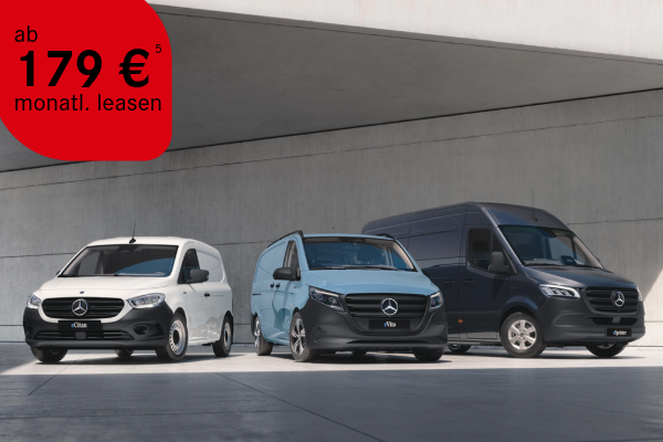 Drei vollelektrische Transporter in heller Betonarchitektur, nebeneinander aufgereiht als eCitan, eVito und eSprinter - inkl. Preisstörer mit "ab 179 € monatlich leasen".