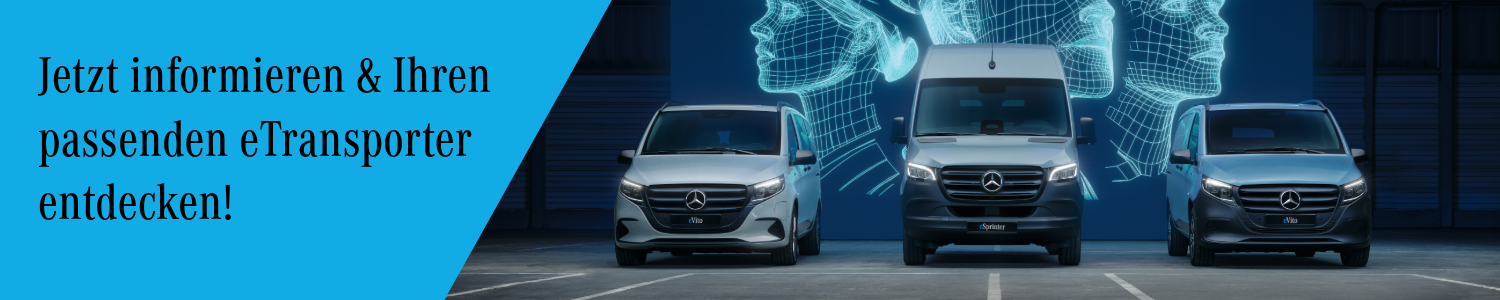 Mercedes-Benz Transporter – eVito, eSprinter und eVito Tourer nebeneinander vor digitalem Hintergrund mit Hinweis „Jetzt informieren & Ihren passenden eTransporter entdecken!“