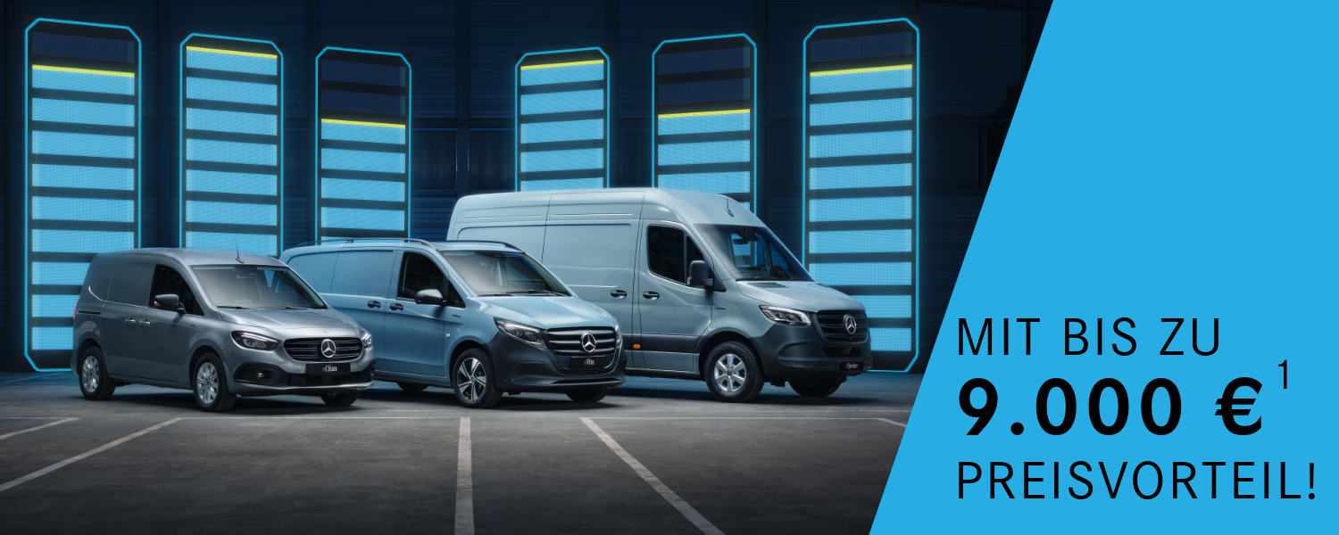Mercedes-Benz eCitan, eVito und eSprinter vor leuchtenden Batteriesymbolen – mit Hinweis auf bis zu 9.000 € Preisvorteil