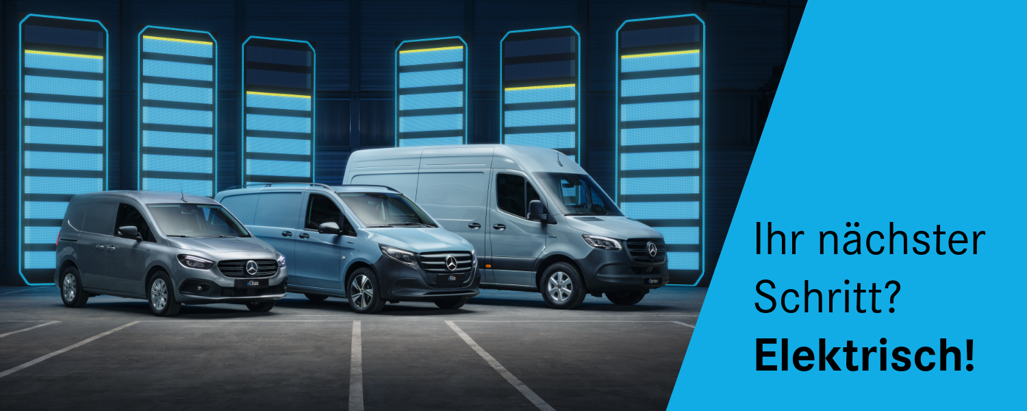 Drei vollelektrische Transporter von Mercedes-Benz vor leuchtenden Batteriesymbolen – mit dem Claim ‚Ihr nächster Schritt? Elektrisch!